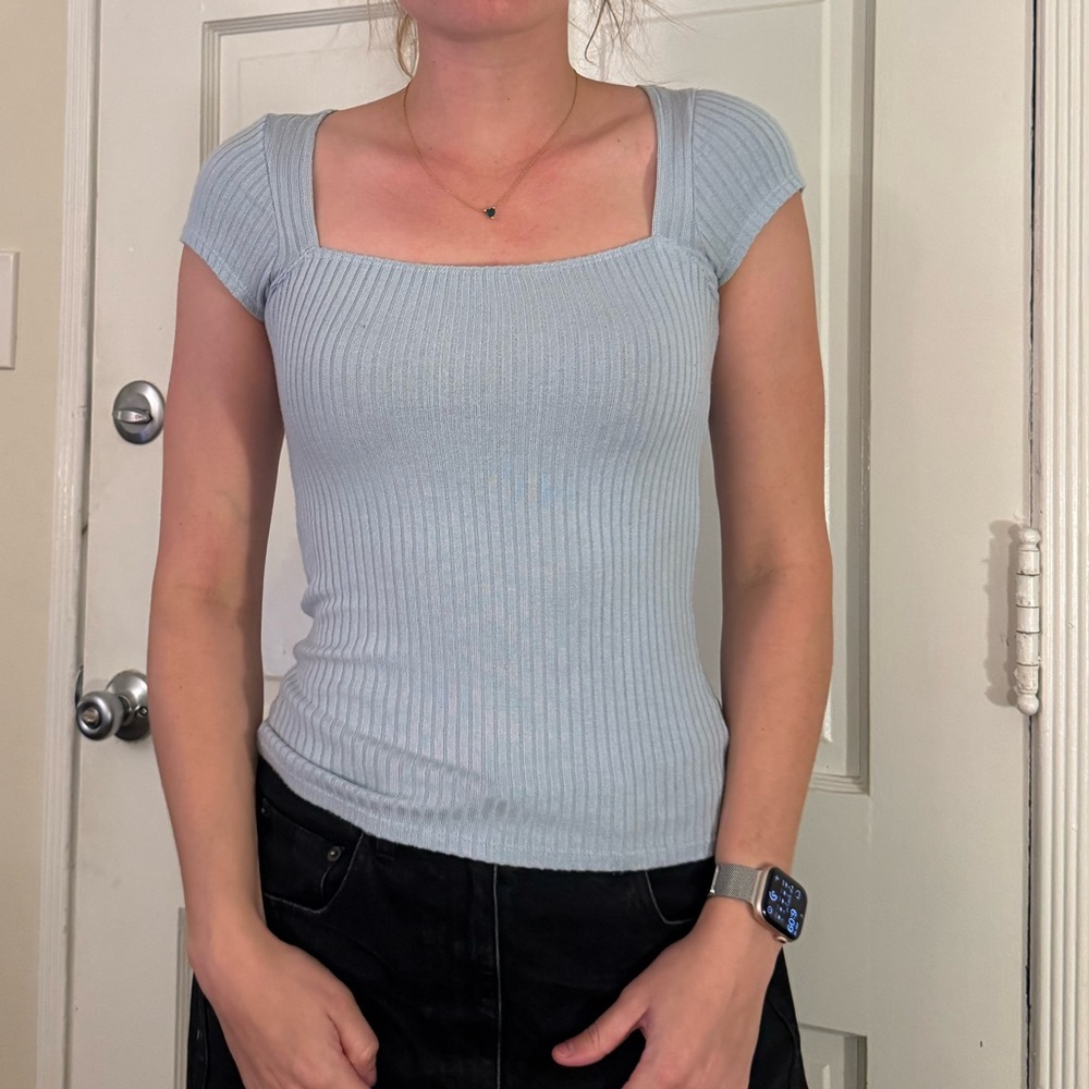 Reformation Bardot Sky Blue Ribbed Square neck cap sleeve top xs